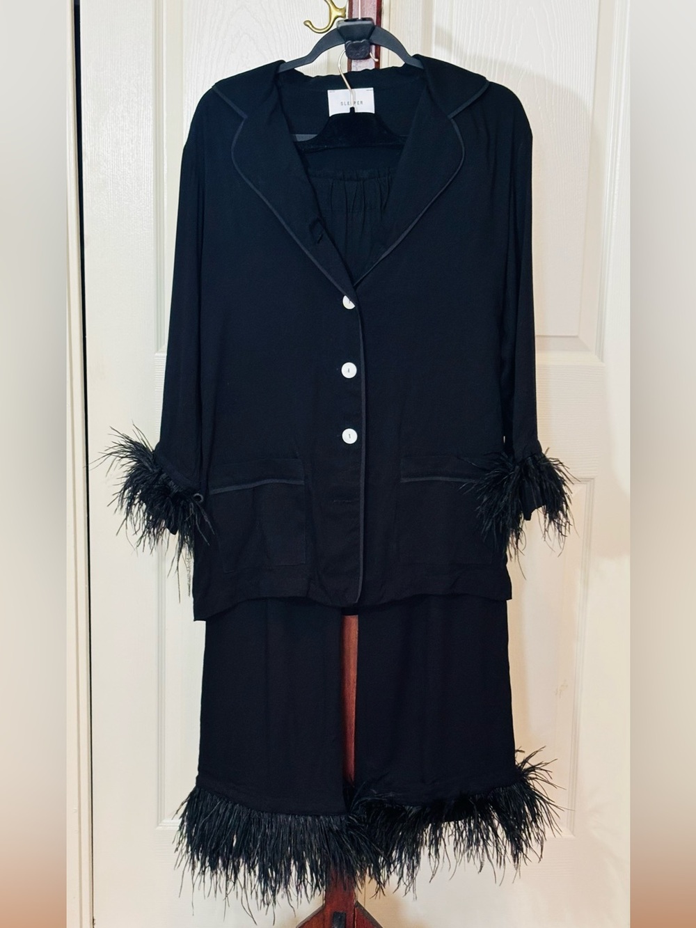 Sleeper Luxury Lounge Wear Set Ostrich Feather Trim Black Medium - Picture 5 of 9